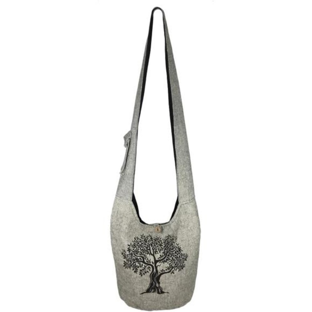 Large Sling Crossbody Shoulder Bag Purse Hippie Hobo Gypsy Bohemian, Grey Tree